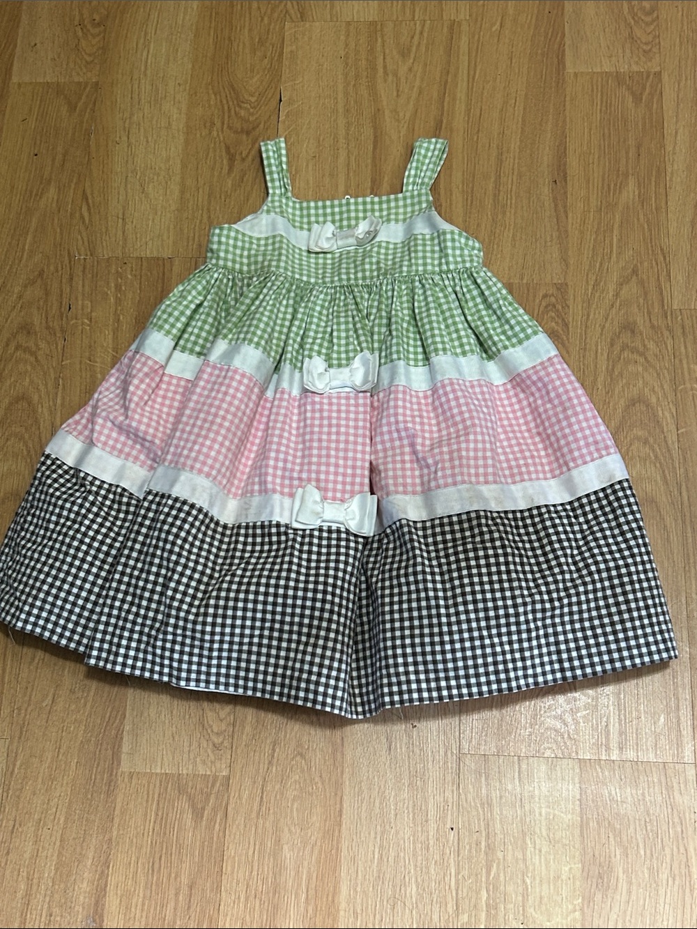 Gingham Tiered Dress with Bows - Green Pink Black Size 3
